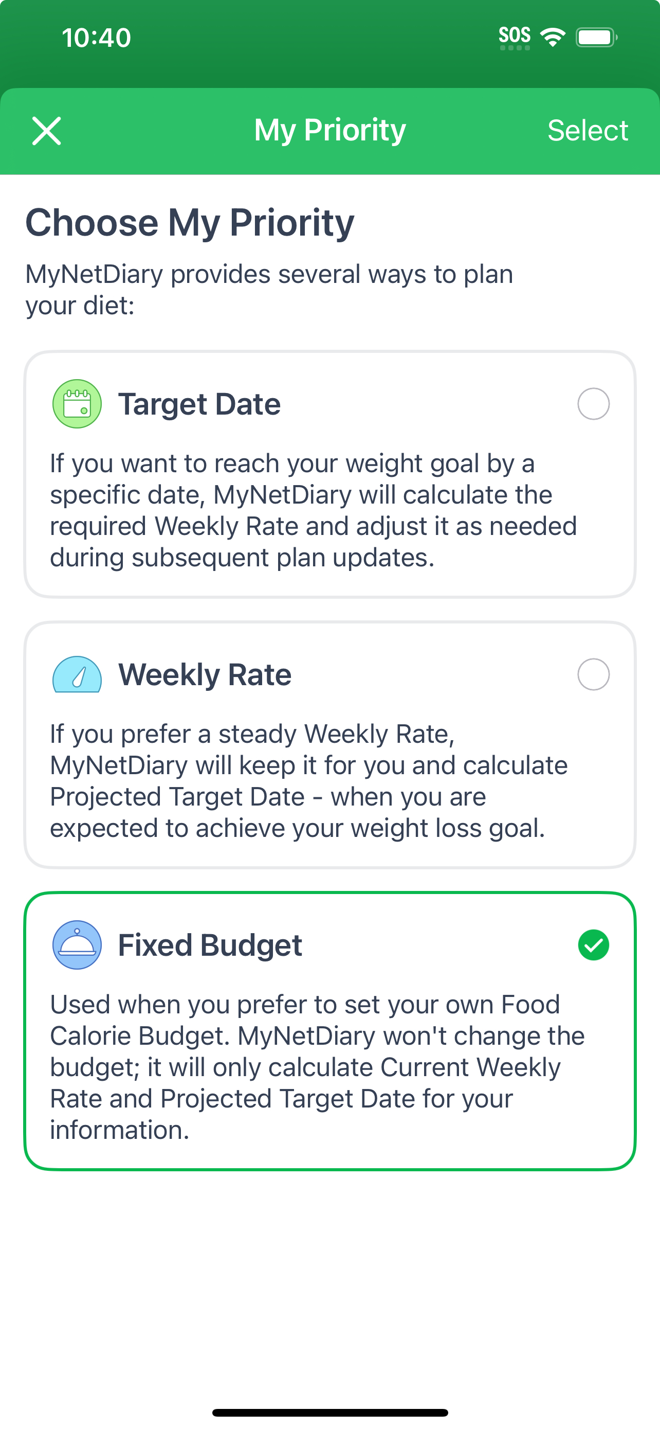 Fixed Budget selection screenshot